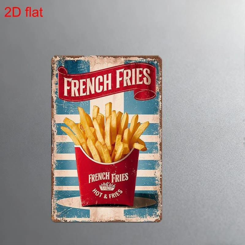 2D Flat -French Fries Retro Metal Sign | 20 32X30 48 cm plate Wall Decoration Perfect for Restaurants, Homes of Food Enthusiasts
