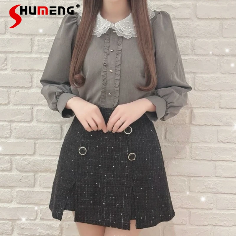 Japanese Sweet Classic Double Breasted Short Skirts High Waist Slimming Patchwork Slit Hemline Style Mini Skirt Women's Clothing