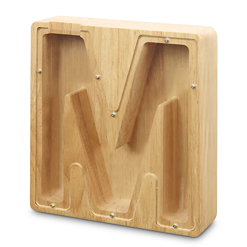 Coin Saving Box Wooden Alphabet Letter Shaped Money Jar with Transparent Window Personal Bank, I