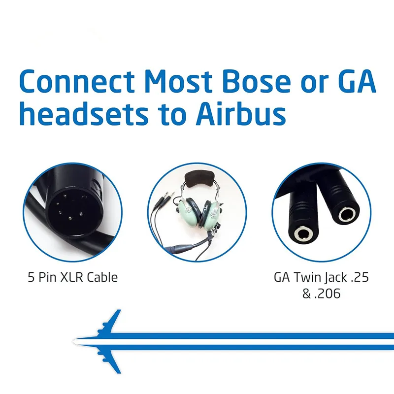 Adapter GA Twin Plug do Airbus XLR - gniazda .206” i .25” do 5-pinowego złącza żeńskiego XLR do zestawów słuchawkowych pilotażowych, lotnictwa ogólnego — zdjęcie produktu 4