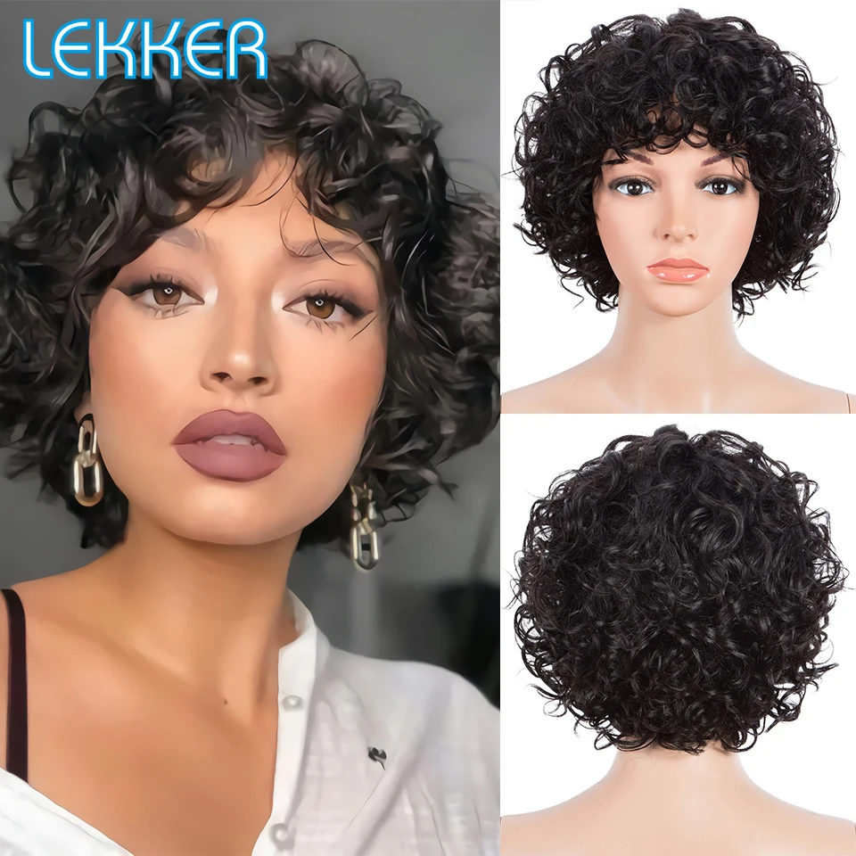 Lekker Short Pixie Kinky Curly Bob Human Hair Wigs For Women Brazilian Remy Hair Natural Dark Non Lace Cheap Afro Curly Wigs