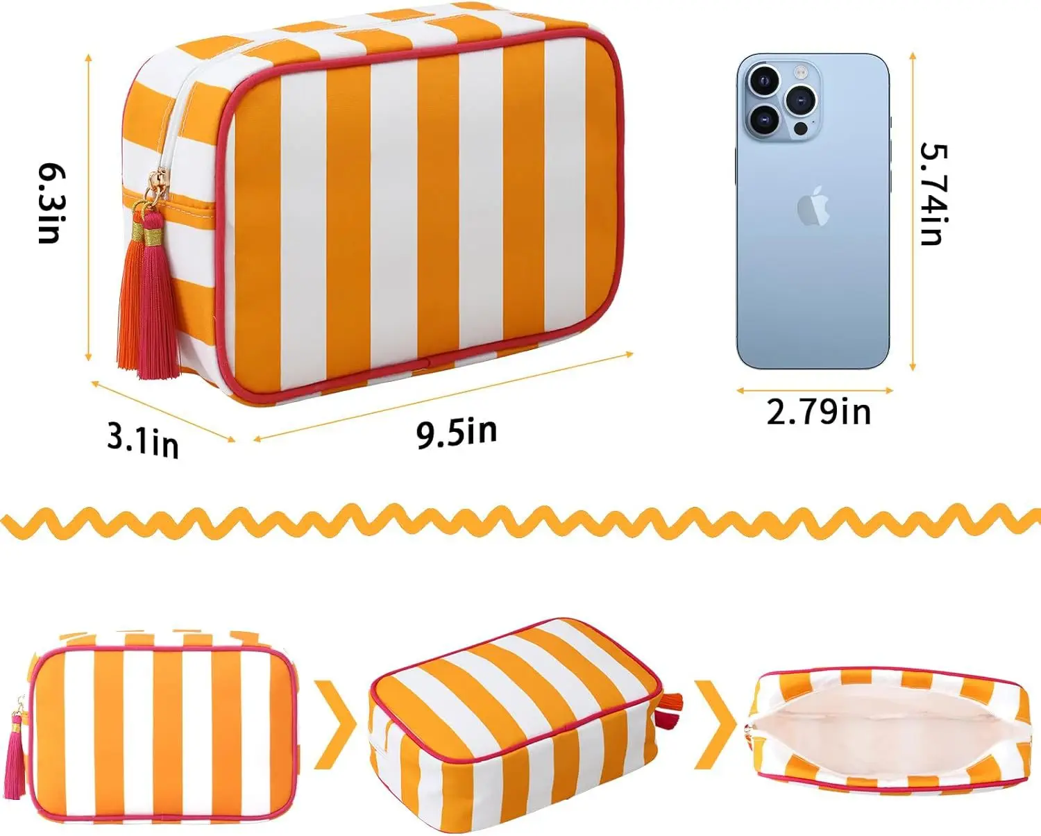 Große gestreifte tragbare Kosmetiktasche für Damen, Make-up-Tasche mit Quasten und Reißverschluss, große Kapazität, lässige Tragetasche mit Reißverschluss – Detail 1