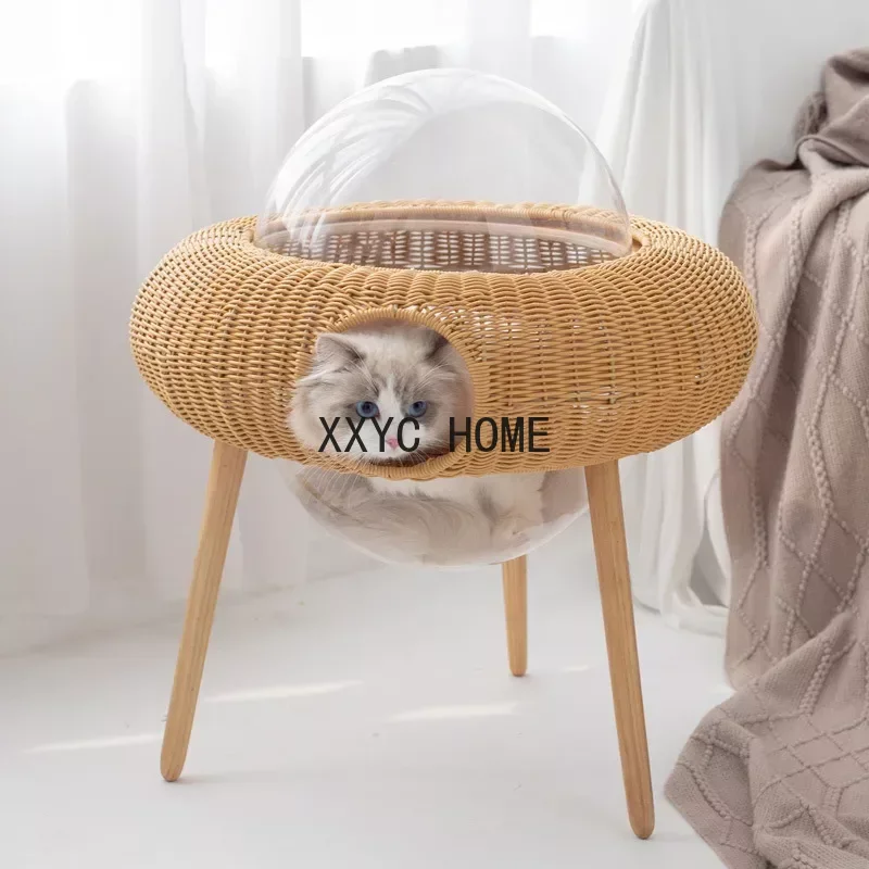 Super Cat Four Seasons Grass Woven Cat Hanging Basket Transparent Space Module UFO Vine Woven Cat Nest Handwoven Pet Nest