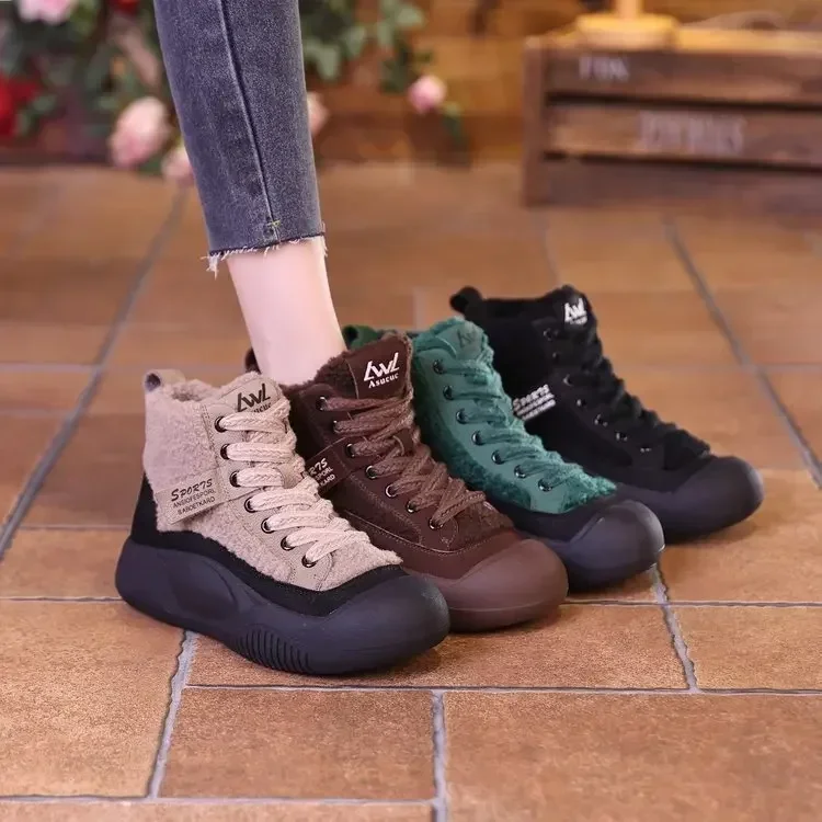 Women Letter Pattern Round Toe Snow Boots Non-slip Thick-soled Platform Ankle Boots Fleece-lined Thermal Winter Booties 2024