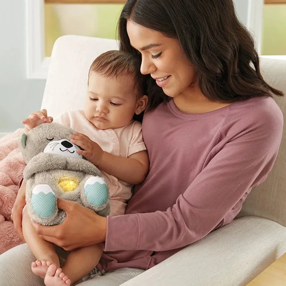 Bebê respirando urso boneca de pelúcia, lontra calmante, companheiro de música dormindo, som e luz, brinquedo presente para crianças