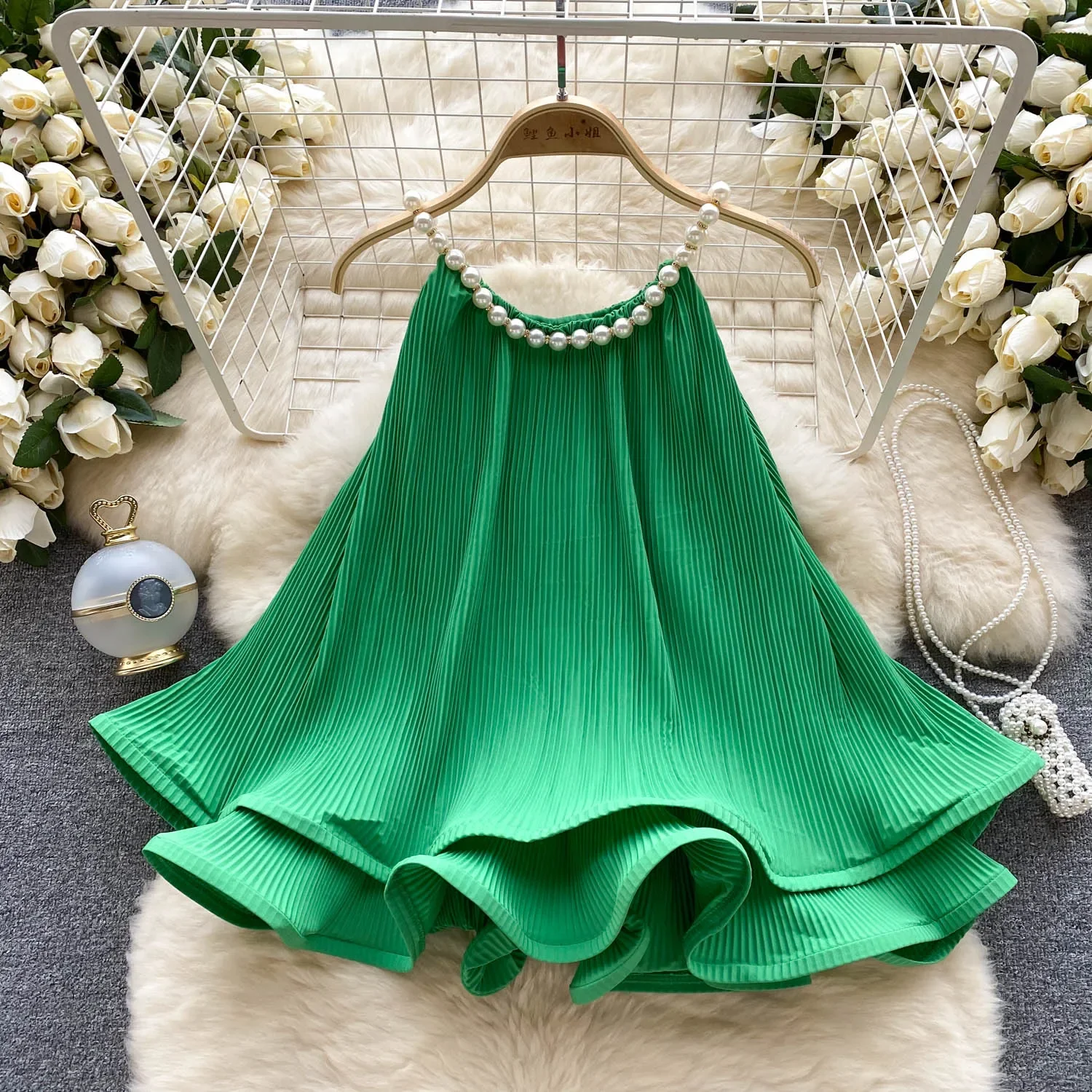 Chic Off Shoulder Ruffle Pleated Sleeveless Halter Top Elegant Sexy Korean Vacation  Summer Women Vestidos