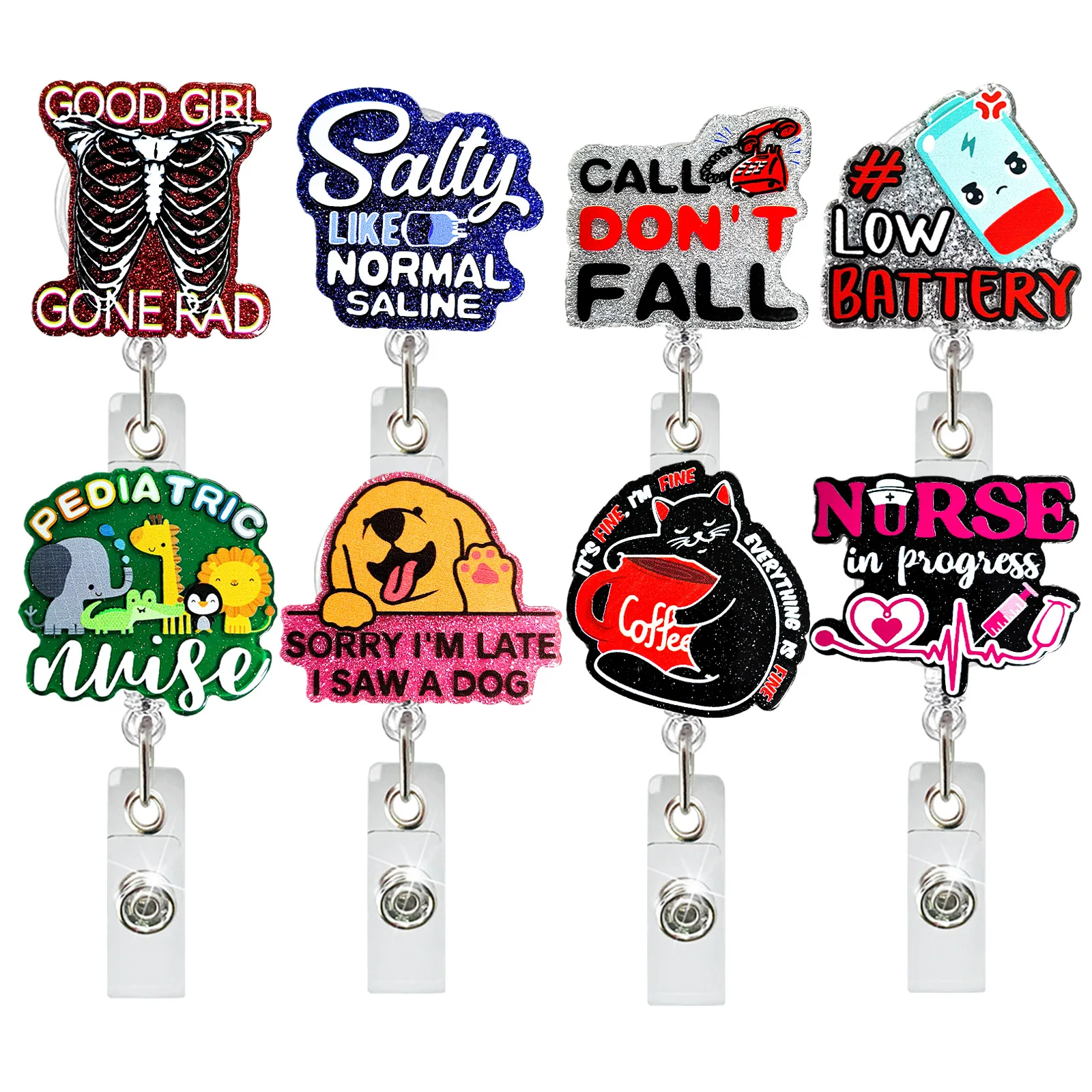 Glitter Acrylic Cute Animals Nurse Badge Reel Card Holder Doctor Retractable Work Name CardID Badge Holder With Alligator Clip