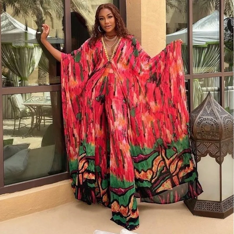 2024 African Dashiki New Fashion Two Piece Suit Long Tops + Wide Pants Party Plus Size For Lady 2 Piece Set Women Africa Clothes