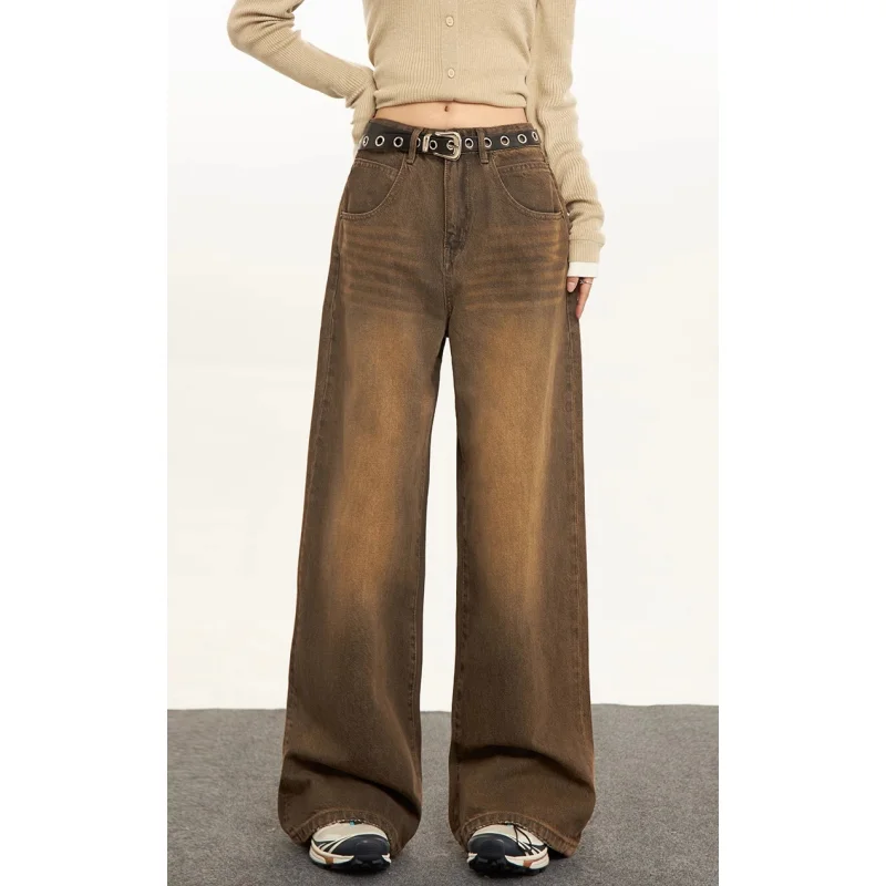 Women Brown Jeans Streetwear Fashion Y2K American Style High Waisted Wide Leg Jean Female Trouser Hip Hop Baggy 2024 Denim Pants