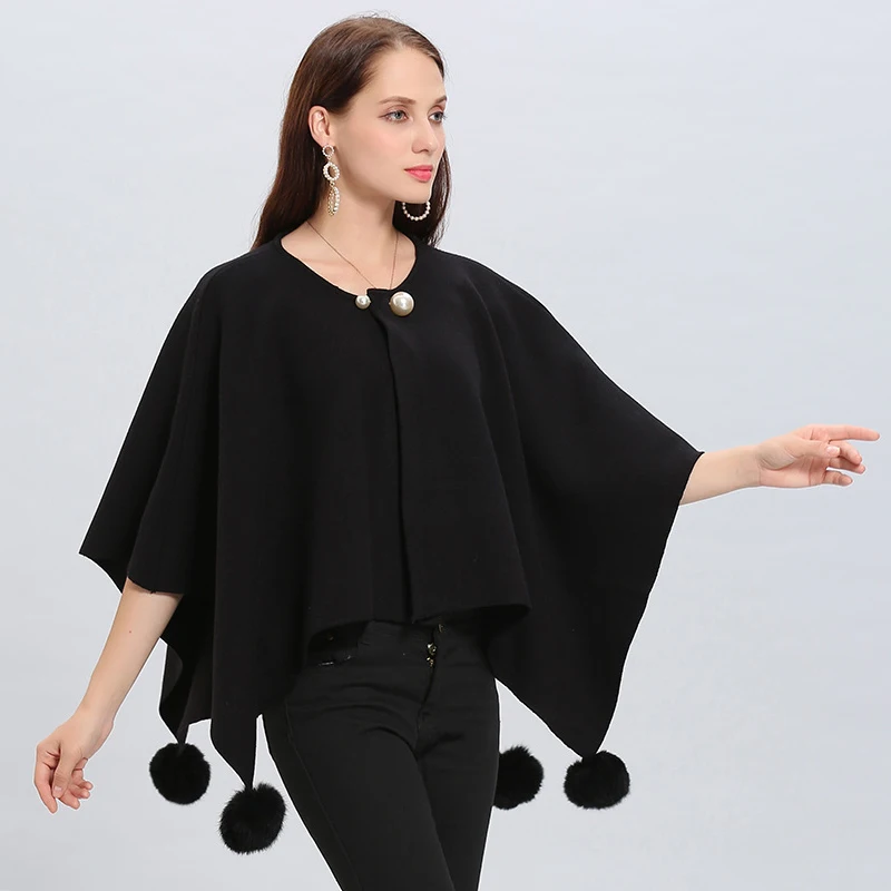 Mode irrégulière boules de fourrure de lapin couvrant fil tricot Cape manteau manches chauve-souris Cardigan Poncho femmes automne hiver Cape