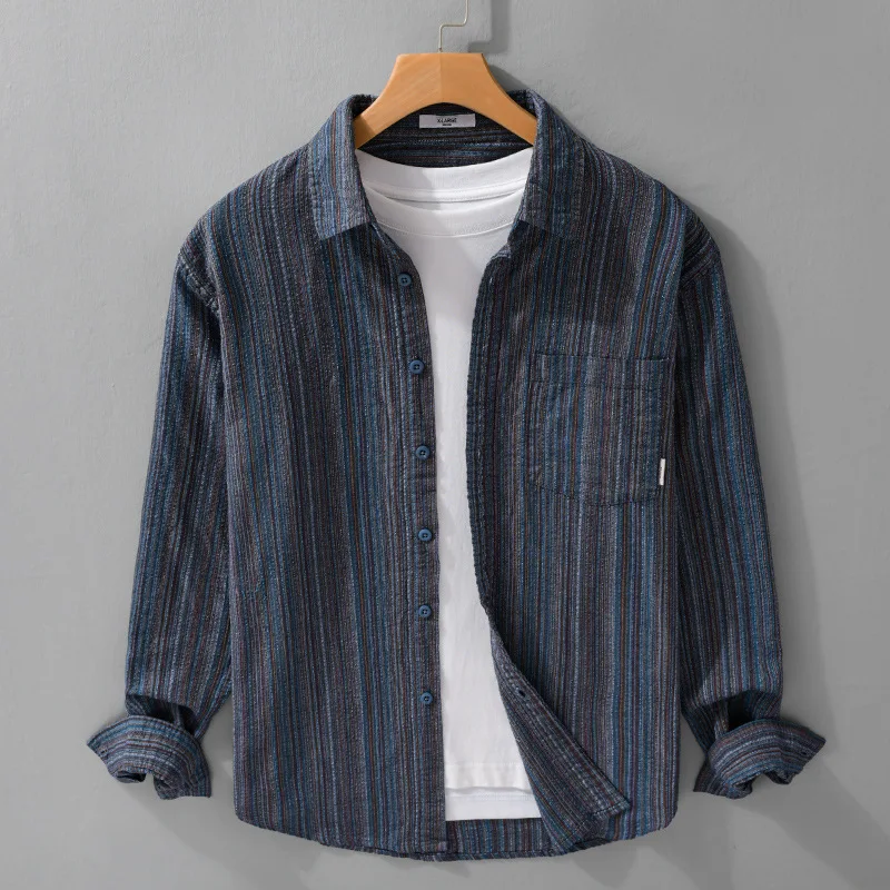 

Spring men's clothing, Japanese retro stripes, simple, trendy, casual, loose, fashionable, urban workwear, long sleeved shirt