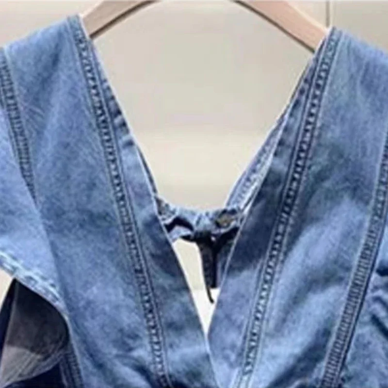 Słodka bluzka dla kobiet Denim dekolt w szpic latający rękaw Temperament koszulki, tuniki 2024 Blusas Mujer De Moda lato Y2k koszulki z kokardą