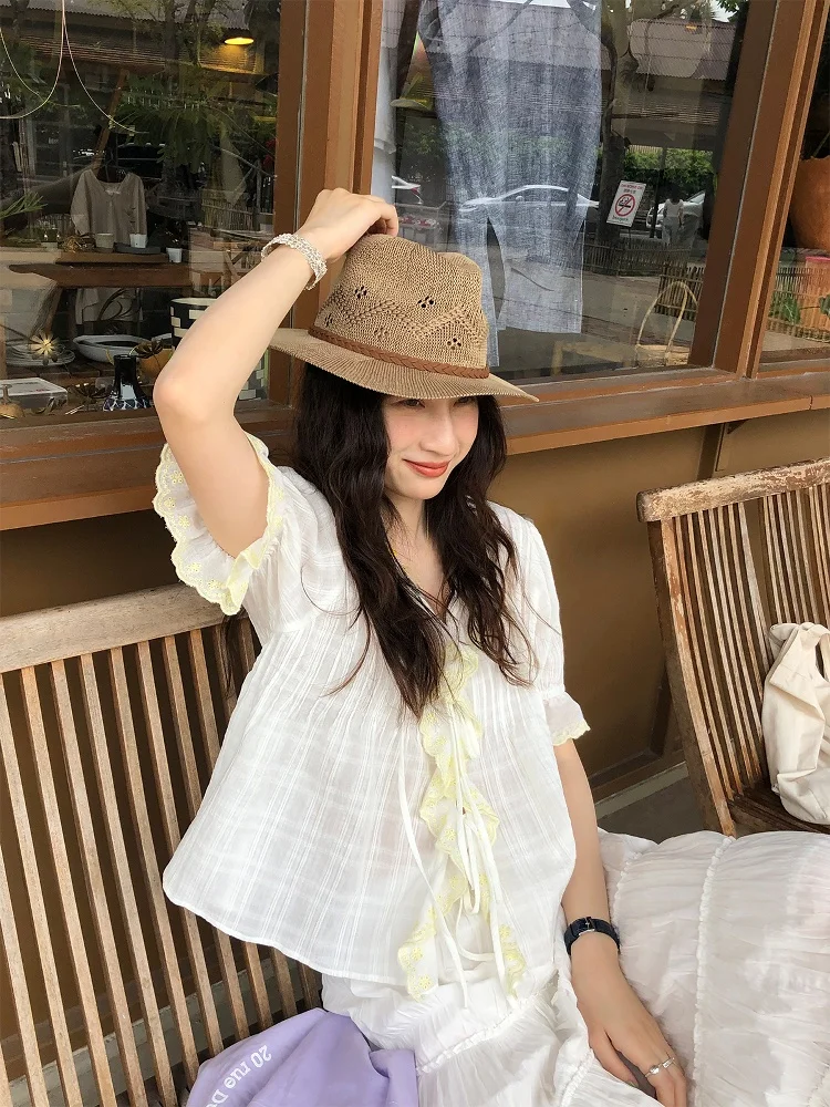 

Женская блузка Tetu STUDIO 2025SS Wave Ruffle, свободного кроя, с V-образным вырезом, однотонная, повседневная, для работы и отдыха