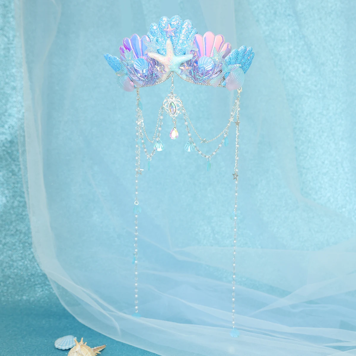 Mermaid Shell Starfish Tiara Crystal Tassel Headpiece Ocean Theme Rhinestone Hair Jewelry For Women Cosplay Party