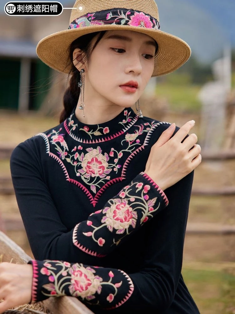 

National Flower Embroidery Base Shirt Women Elegant Blouse Shirt Chinese Vintage Hanfu Top Oriental Ethnic Streetwear Folk Shirt