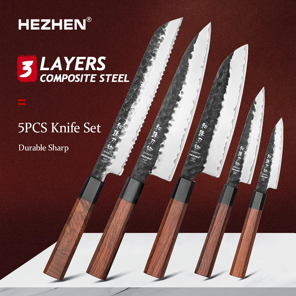 HEZHEN 1-5PC Kitchen Knife Set Chef Utility Stainless Steel 3 Layers Composite Steel Kitchen Accessories Knives