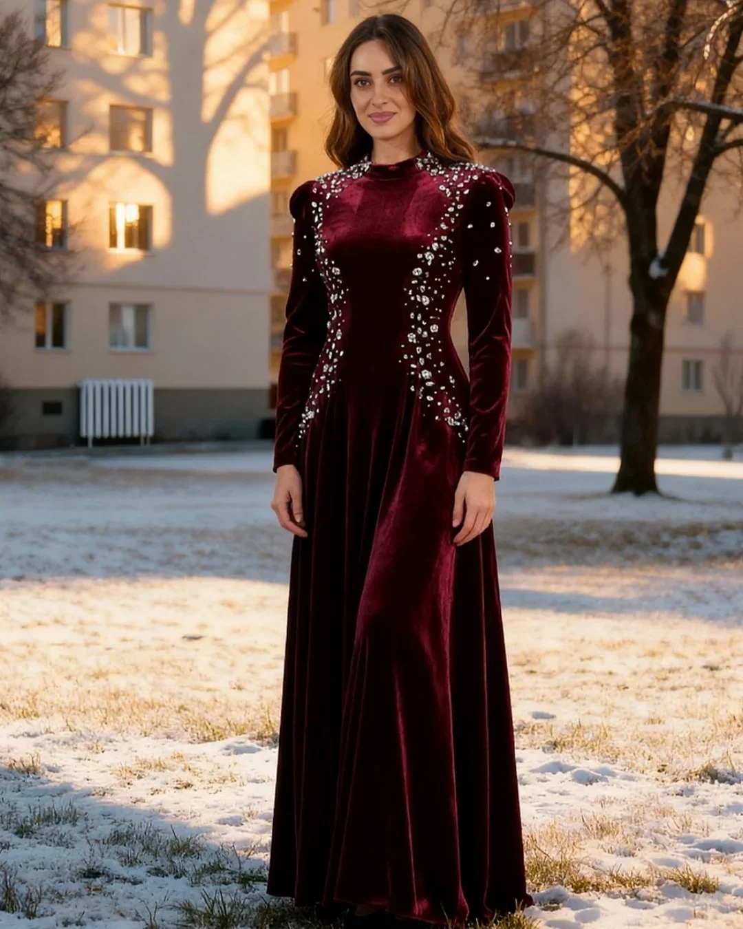 

Arabia Saudi Arabia Luxury Burgundy Velvet Evening Dresses High-Neck Crystal Beaded Gown With Puff Shoulder Prom Dresses
