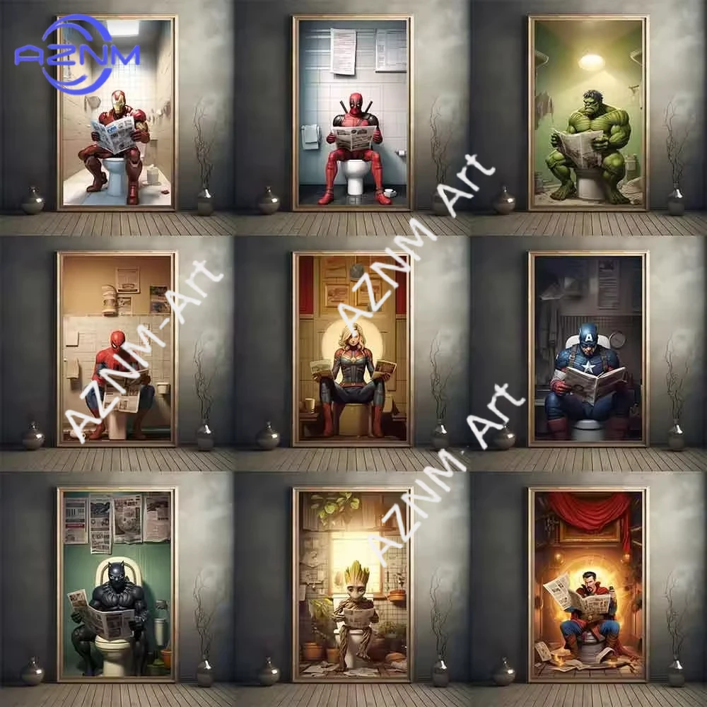 Divertidos Cuadros Decorativos de Superhéroes para Baño - Pósteres de Iron Man y los Vengadores en el Inodoro sobre Lienzo, Decoración Humorística de Marvel para B