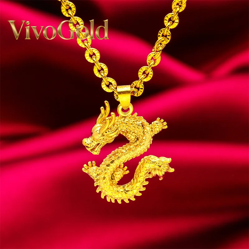 

Мужское ожерелье VivoGold из 24-каратного золота (AU999) с изображением дракона, символизирующего мощь и величие. | Позолоченный граненый дракон, филигранный лотос с луной