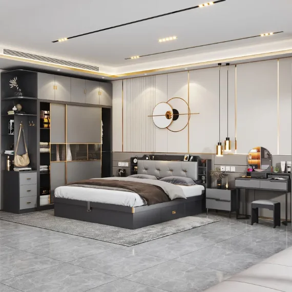 

#Modern Minimalist Bedroom Furniture Set Bed Wardrobe Combination Cabinet For Master Suites