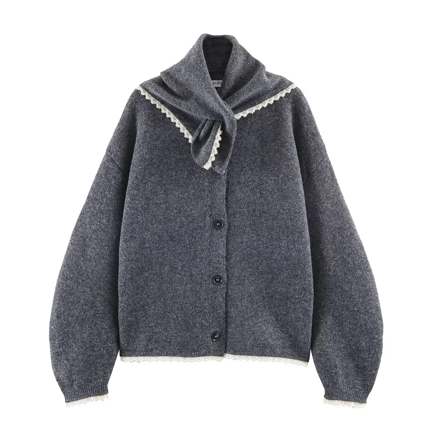 KONDALA Fall Elegant Headscarf Sweater Cardigan Women Lace Edge Buttons Knitted Jacket 2026 Spring Fashion Cute Casual Cardigan