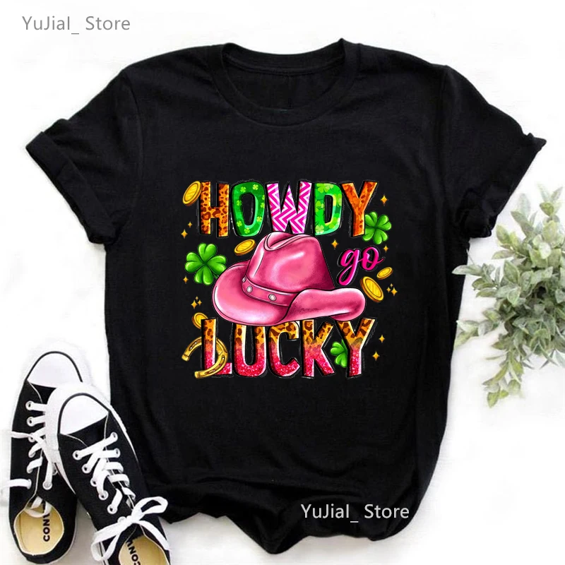 2025 Leopard Howdy Go Lucky Strawberry Hat Four Leaf Clover Printed Tshrit Girls Trip Travel T Shirt Women Harajuku Shirt Tops