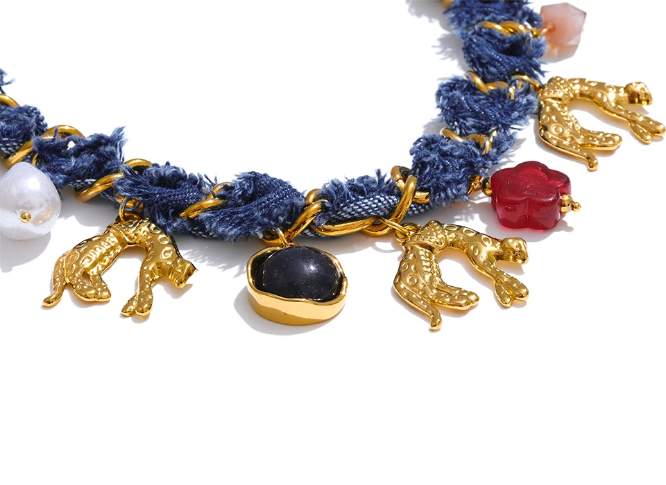 Yhpup Statement Blue Denim Kette Perle Acryl Blume Tropfen Charm Halskette Edelstahl Vintage Herbst & Winter Kragen Schmuck – Detail 6