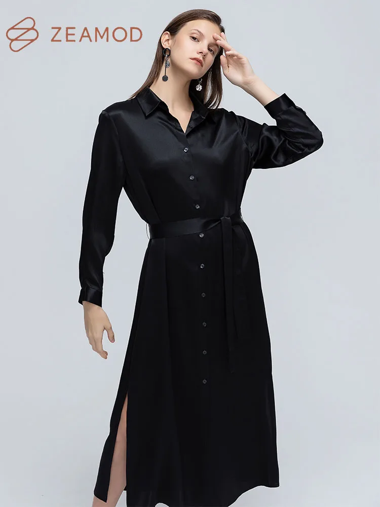 

ZEAMOD Silk Shirt Dress for Women Elegant 22 Momme Buttoned Front Clothing Casual Long Sleeve Robe With Belt