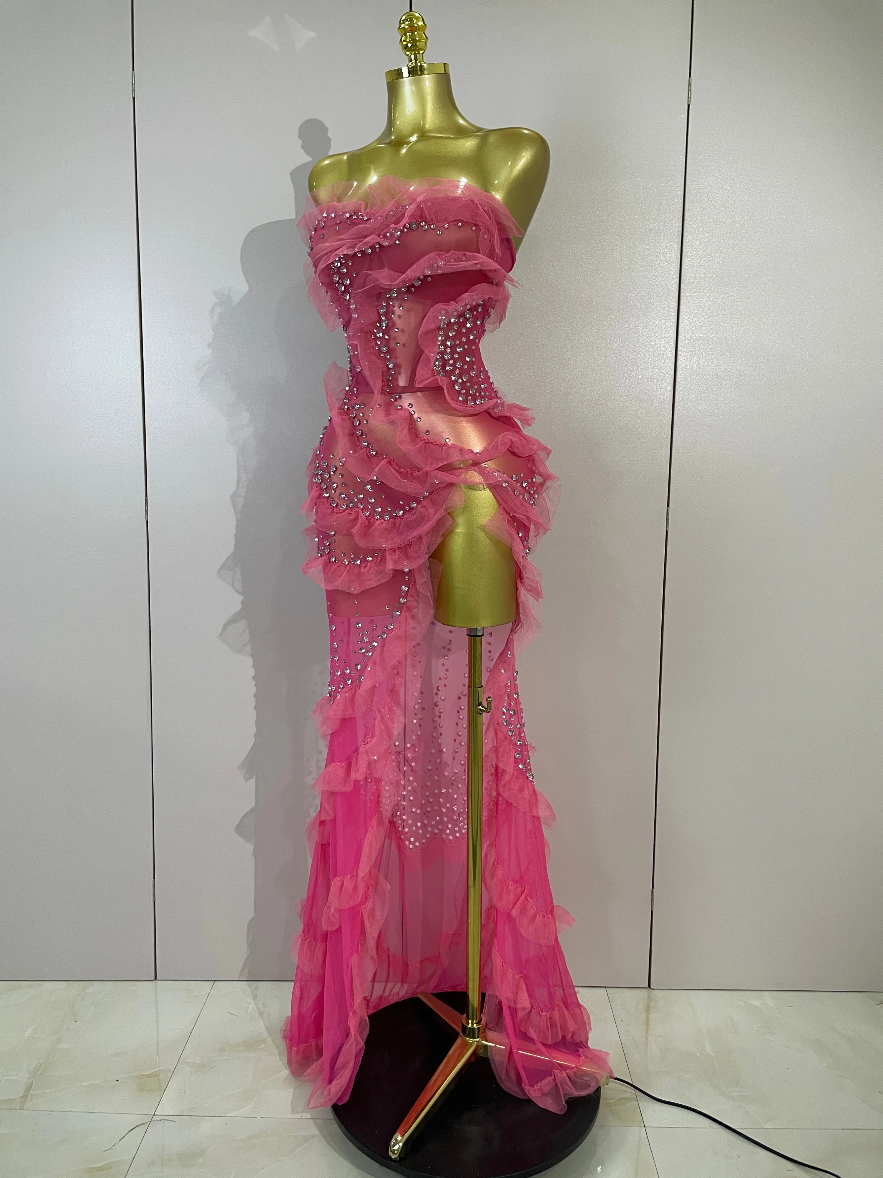 Sexy Strapless Mesh Ruffled Slit See Through Long Dress Sparkly Diamond Birthday Evening Party PhotoShoot Nightclub Stage Wear