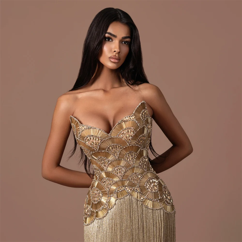 Dresses For Woman Evening Gown Strapless Sweetheart Art Deco Beaded Fringe Mermaid  فستان سهرة ذهبي بدون حمالات بنقوش المروGown