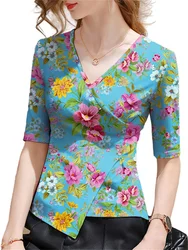 4XL Women Spring Summer Blouses Shirts Lady Fashion Casual Short Sleeve V-Neck Collar Stripe Flower Printing Blusas Tops G2304