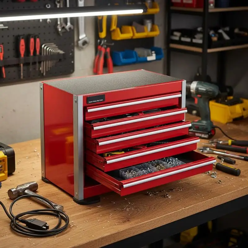 

Steel Equipment Chest 8.6-inch For Garage Workshop Vehicle Maintenance, 5 Drawers Portable Storage Unit EVA Liners PP Feet Pads Ball Bearing Slides Powder Coated Red Finish