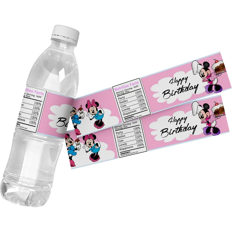 6pcs Disney Minnie Mouse Birthday Water Bottle Wine Labels Gift Box Stickers Candy Bag Wraps Baby Shower Party Decoration supply