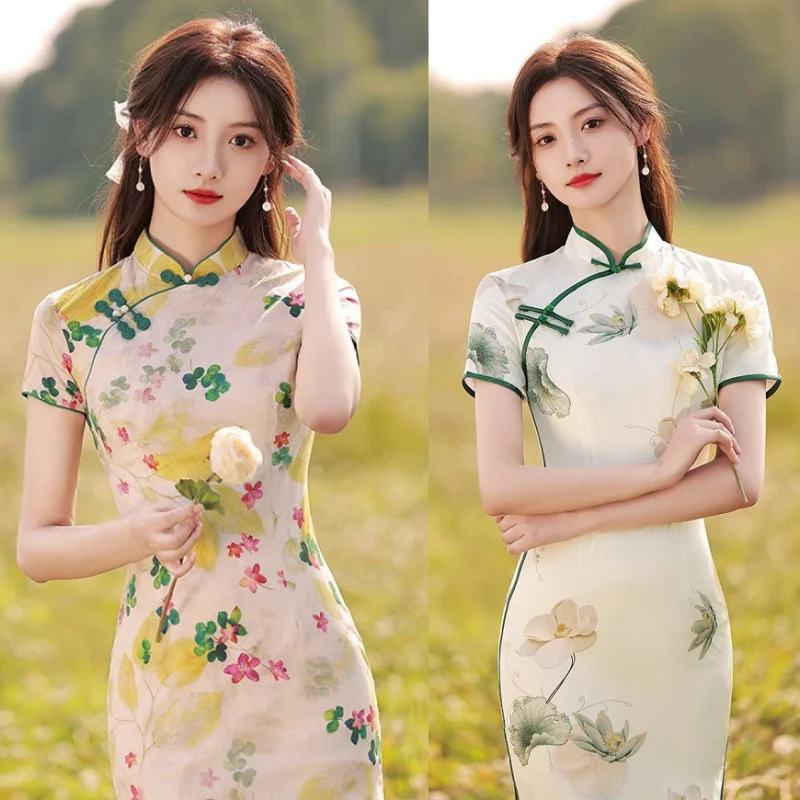 Long Cheongsam pour femme, Qipao féminin, Qipao féminin, Tempérament féminin, Élégant, Classique, Printemps, Été, Jeune, Fille, Nouveau, 2024