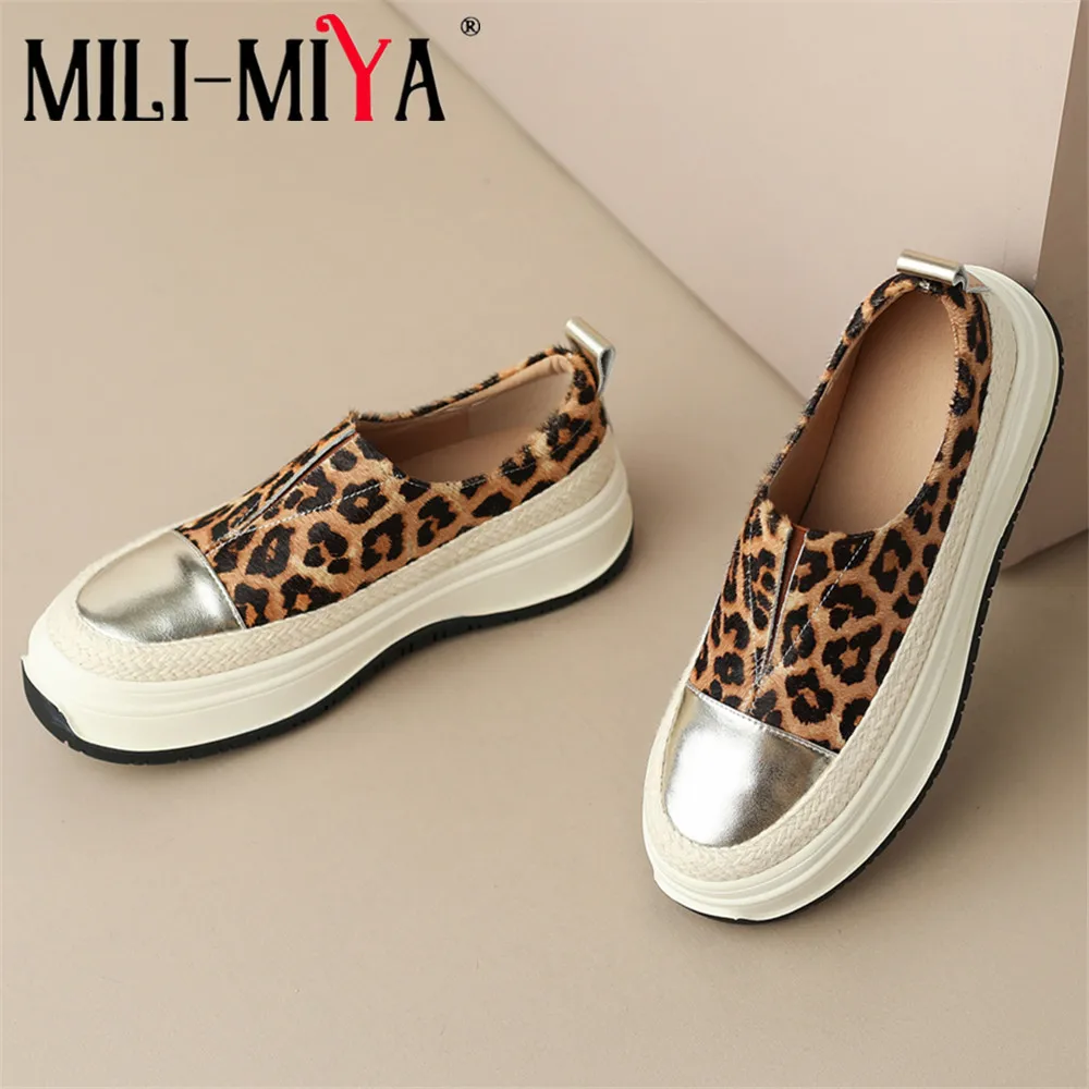 MILI-MIYA New Arrival Women Cow Leather&Horse Hair Sneakers Platform Heels Slip On Round Toe Mixed Color Handmade For Ladies