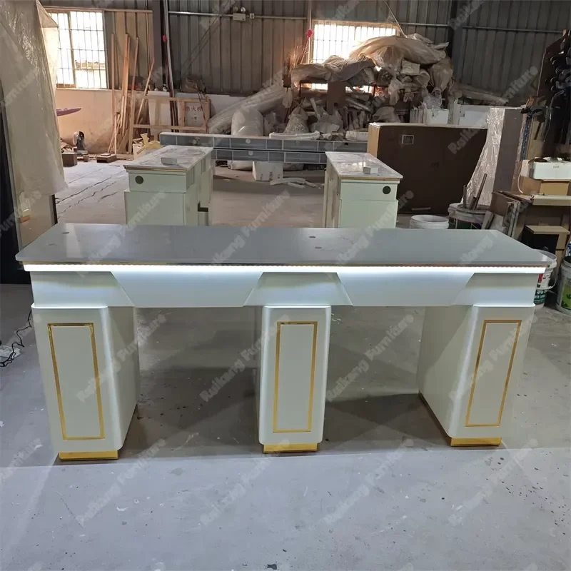 Luxury Modern Marble Nail Table Double Manicure Desk Professional Salon Ambient Light Tech Station Furniture