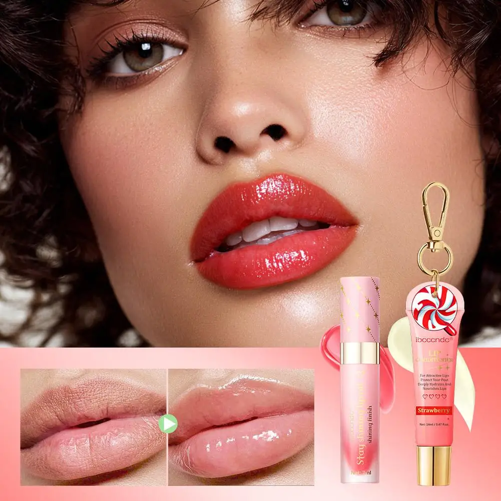 Juego combinado de aceite de labios nutritivo de fresa, brillo de labios portátil antiseco hidratante de larga duración con llavero, bálsamo labial, regalos de Festival