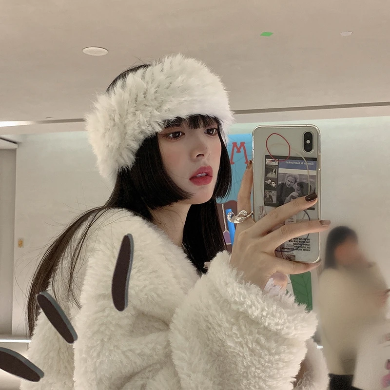 Autumn Winter Women Men Imitation Rabbit Fur Headband Elastic Hair Band for Ladies Warm Empty Top Plush Hat Hair Accessoriess