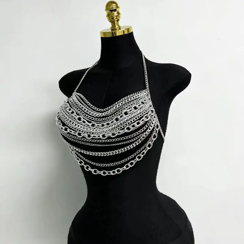 Fashion Metal Chain Tassel Women Tank Top Sexy Hollow See Through Backless Halter Neck Crop Tops Rave Festival Party Camisole