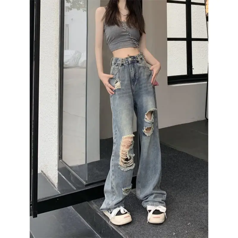 150cm Petite girls Hong Kong Style Distressed Jeans Women High Waisted Straight Tube Wide Leg And Floor Mopping Pants XS Summer