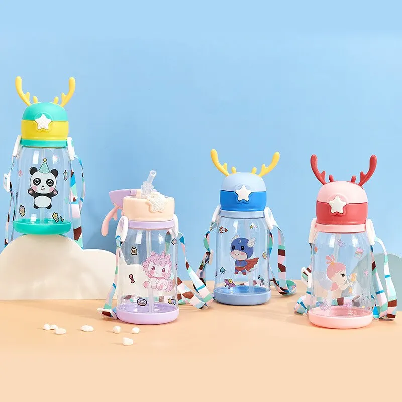 1pc 600ml Kids Water Sippy Cup Antler Creative Cartoon Baby Cups with Straws Leakproof Water Bottles Outdoor Childrens Cup