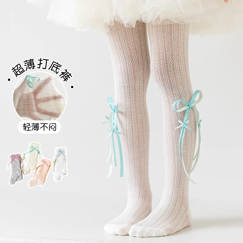 Adorable Kids Girls Ultra Thin Summer Two Tone Long Tassel Bow Trim Skin-Friendly Elastic Comfortable Ventilated Sweet Pantyhose