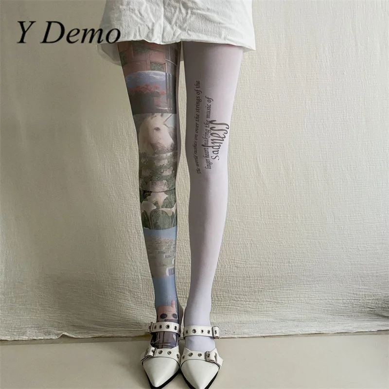 

Y Demo Streetwear Y2k Белые женские тонкие тонкие колготки Повседневные чулки с принтом Dreamcore и буквами