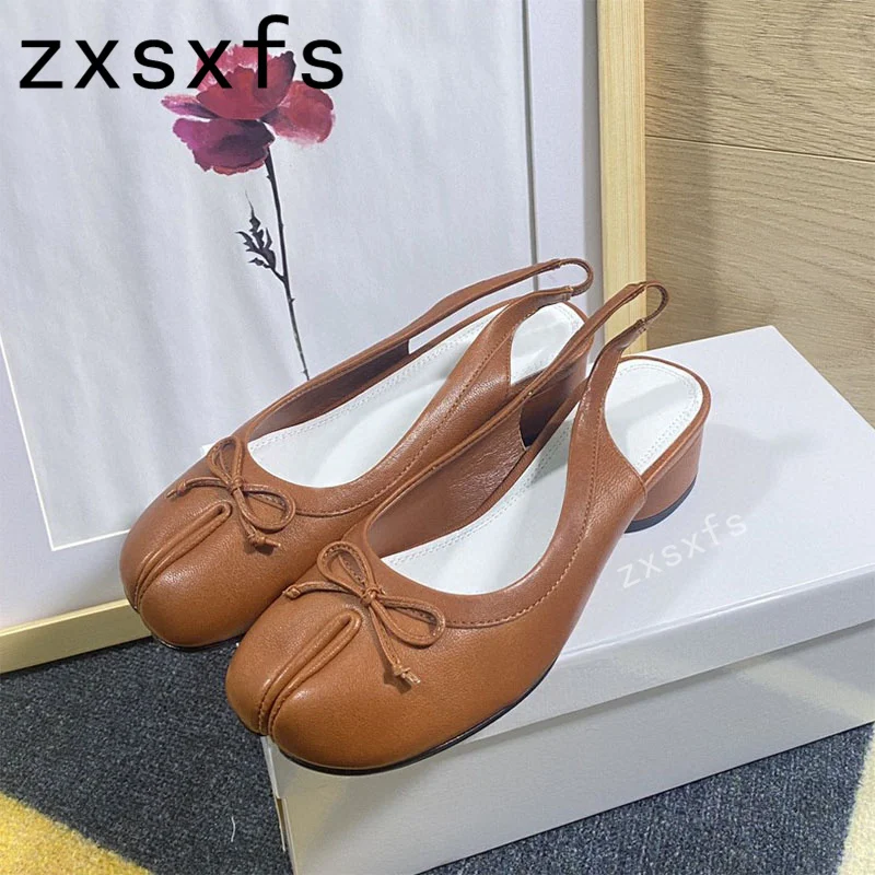 

2023 Summer New Genuine Leather Chunky Heels Sandals Slip On Split Toe Shoes Brand Sexy Slingback Party Sandals Women