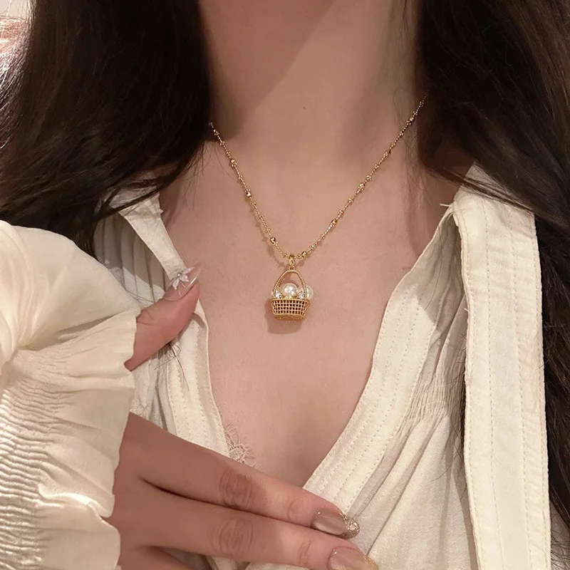 Stainless Steel Pendant Chain 18k Gold Silver Plating Zircon Gold Woven Hollow Out Pearl Flower Basket Color Retention Necklace