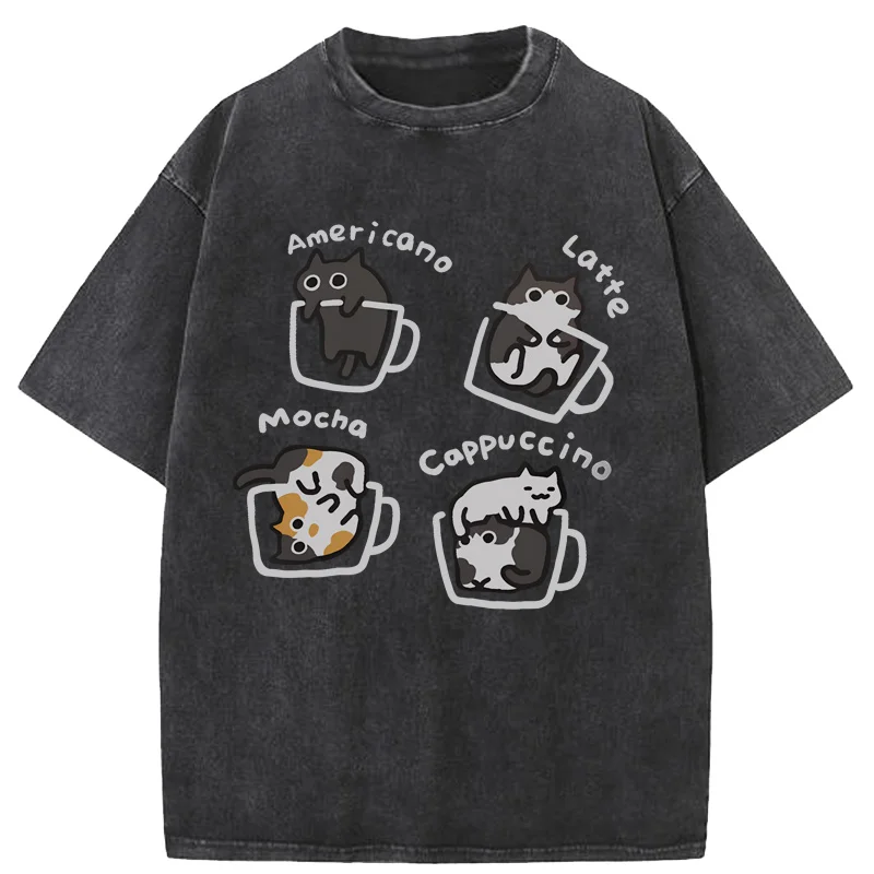

Cat Coffee Pure Cotton shirt Summer Loose Short Sleeved T-shirt Men Women Original Mocha Latte Cat Three Flowers Fun Cat Tees