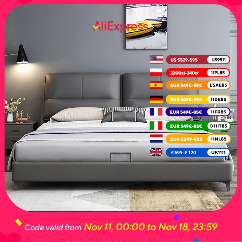 

European Style Luxury Double Bed Wood Elegant Italian Bedroom Queen Bed Storage Comferter Leather Cama De Casal Home Furniture