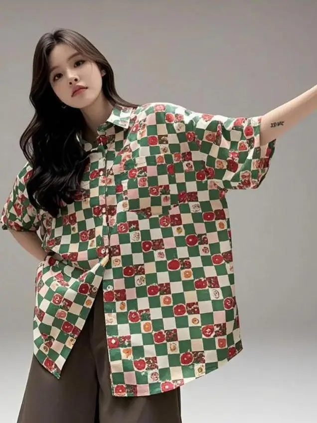 

Women's Summer Thin Loose Casual Short Sleeve Fashion Shirt Design Sense Top Coat Print Stylish Commute Style Shirt