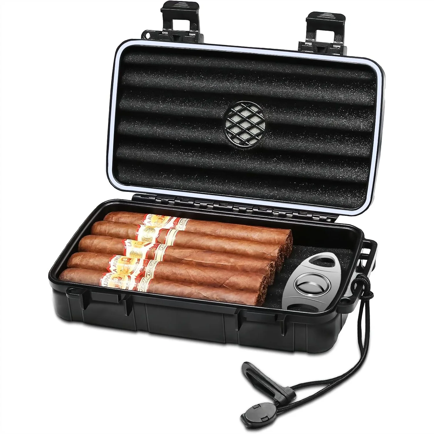 

Travel Cigar Humidor Case - Portable Cigar Box with Humidifier Disc & Cutter, Holds 10 Cigars, Airtight & Durable