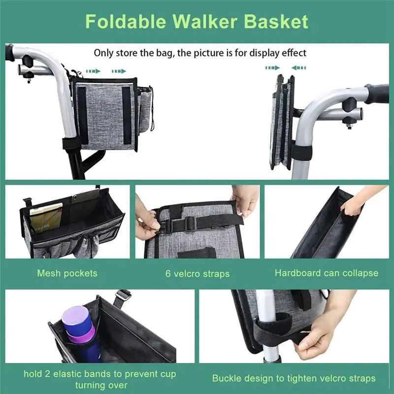 ABUN Walker Storage Basket for Ravmix, Folding Walker Accessories Bag with 9 Pockets, Hands-Free Organizer for Seniors, Grey